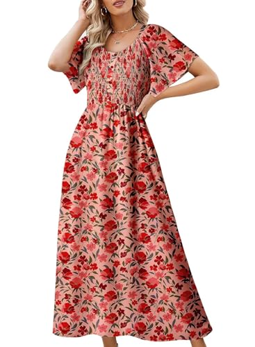 Dokotoo Womens Dresses 2025 Square Neck Tie Backless Summer Dresses Cap Sleeve Floral Buttoned Empire Waist Maxi Dress