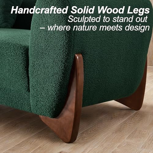 Image of 87 inch Sherpa Boucle Cloud Couch Modern 3 Seater Sofa with Solid Wood Legs, 25 inch Extra Deep Seat, Comfy Thick Cushion Upholstered Sofa Couches with 3 Pillows for Living Room, Green