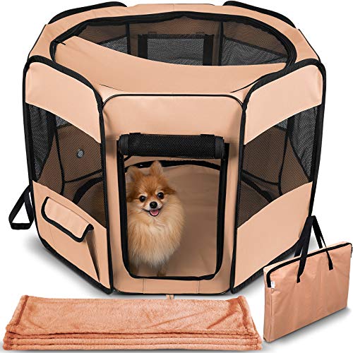Paws & Pals Dog Playpen with Blanket â€“ Portable Soft Sided Mesh Indoor & Outdoor Exercise Play Pen for Pets - Beige