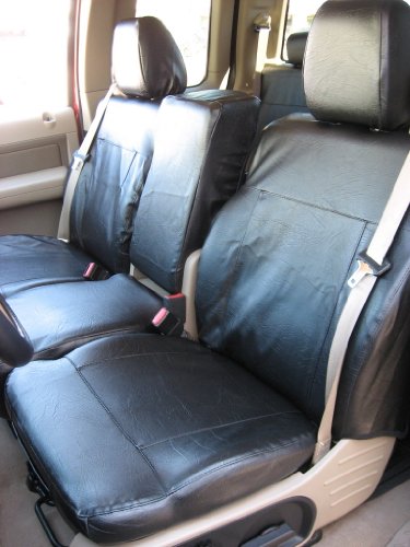 Durafit Seat Covers Made to fit F150 XLT Super Cab Front 40/20/40 Split Seat with Adjustable Headrests, Center Opening Console and Integrated Seat Belts in Black Leatherette.