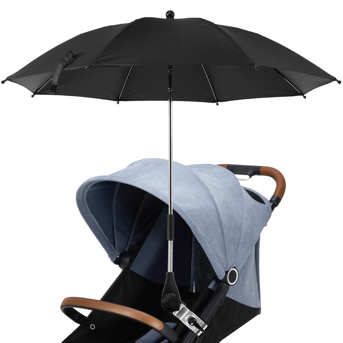 Stroller Umbrella 360° UV Protection Pram Parasol with Adjustable Clamp, 82cm Waterproof Universal Baby Pram Umbrella for Strollers, Wheelchairs, Beach Chairs, Bicycles (Black, 82cm)
