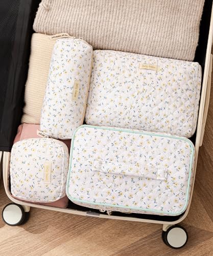 HBselect 4pcs Cotton Quilted Coquette Kawaii Floral Makeup Bag Aesthetic Cute Toiletry Bag Large Travel Cosmetic Coin Purse for Women Girls4