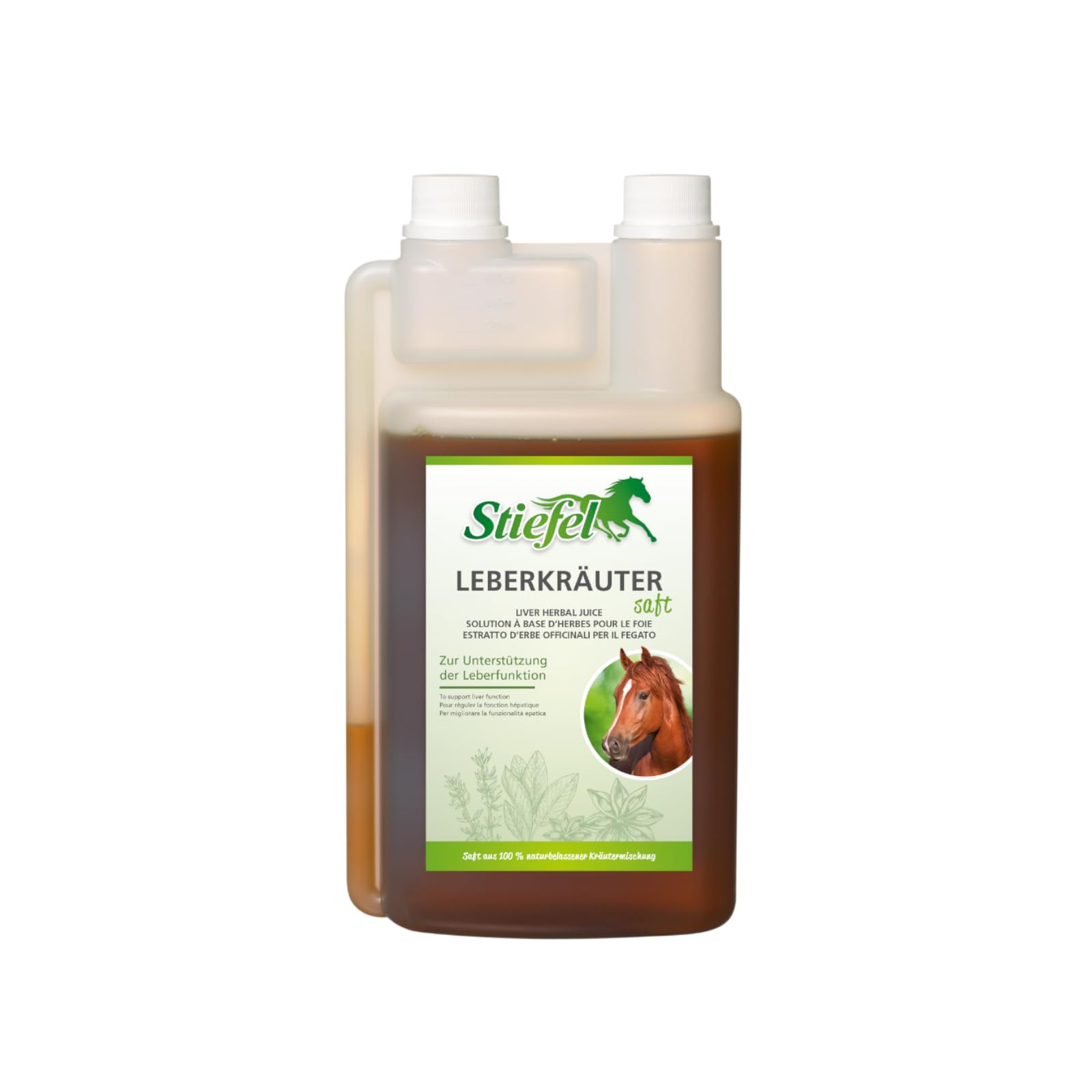 Stiefel Succo di erbe epatiche | Confezione doppia | 2 x 1 l | Mangime liquido complementare per cavalli | Per sostenere la funzionalità epatica e la rigenerazione delle cellule epatiche