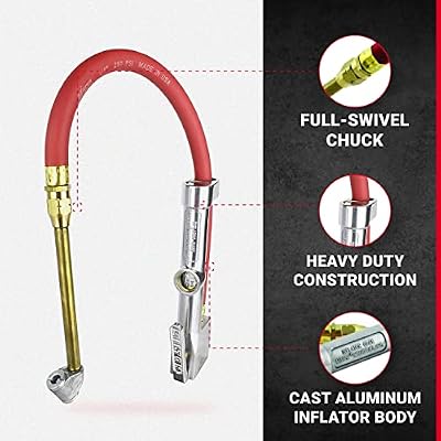 New & Improved - Tire Inflator Gauge with Dual Head Air Chuck 15 Air Hose 10-160 PSI
