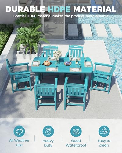 Image of Ciokea HDPE Outdoor Dining Set, 7-Piece Patio Table and Chairs Set with Umbrella Hole, All-Weather Patio Dining Sets for 6, Durable Patio Furniture for Backyard, Garden, Lawn & Poolside, Lake Blue