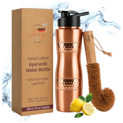 Image of Pure Copper Water Bottle 32 Oz Extra Large Wide Mouth Drinking Bottle | with Cleaning Brush, Leak Proof Ayurvedic Reusable Metal Bottle for Home Gym Office Travel, Brush Copper