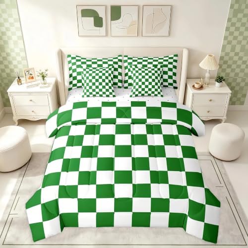 Image of Feelyou Checkered Retro 7 Piece Bedding Set Teen Women Men Green White Plaid Comforter Set with Sheets Twin Size Kids Boys Geometric Vintage Bed in a Bag Modern Simple Groovy Aesthetic Room Decor