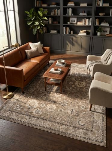 Rugs.com Madeline Collection Rug – 9' x 12' Beige Brown Medium Rug Perfect for Living Rooms, Large Dining Rooms, Open Floorplans