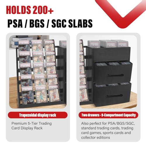 Image of 5-Tier Trading Card Display Stand,Large Card Display Case with 2 Drawers & 9 Compartments,Wooden Graded Sports Card Display Holds 200+ PSA /BGS /SGC Slabs to Showcase and Protect Your Collection