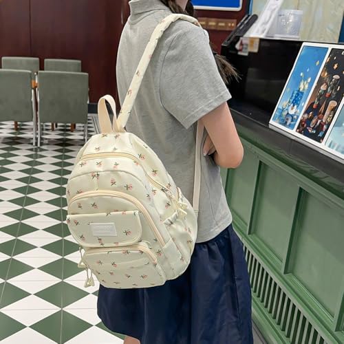 Nylon Floral Big Laptop Backpack Girl Casual Bookbag(Pink Flower)2