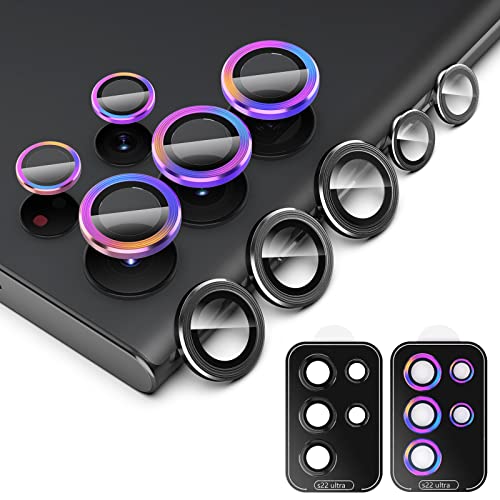 Simpeak 2 Pack Individual Camera Lens Protector Compatible with Samsung Galaxy S22 Ultra 5G 2022 9H Tempered Glass Camera Cover Metal Ring for S22 Ultra [Installation Tray] Black+Colorful