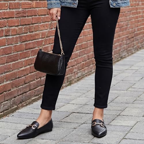 Image of Tilocow Metal Chain Loafers Flats for Women Pointed Toe Slip on Flats Dressy Casual Comfortable Work Business Shoes