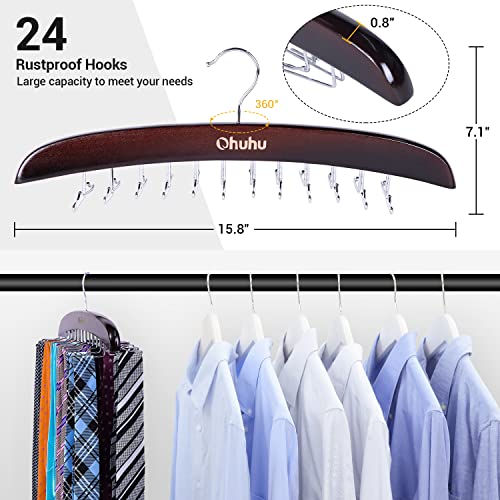 Ohuhu Tie Hanger Rack For Closet, Walnut Wooden Tie Organizer With 24 Folding Hooks, 360 Degree Rotating Tie Holder Storage For Neckties Belts Scarves Tank Tops Accessories, 1 Pack #TOP3