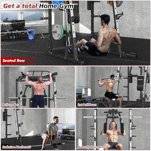 Image of SunHome Smith Machine, 2000LBS Power Cage Squat Rack with Smith Bar, LAT Pull-Down Systems, Cable Crossover Machine for Home Gym
