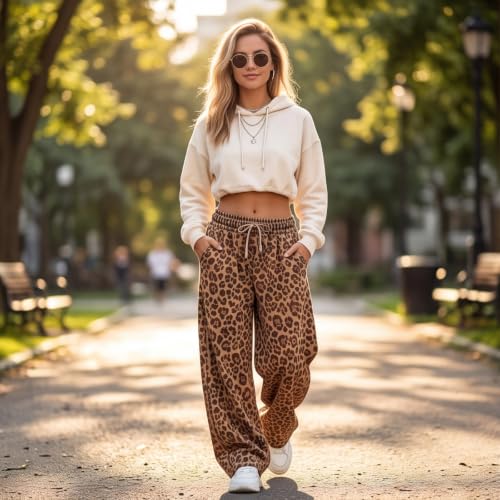 Baggy Leopard Sweatpants Cheetah Print Barrel Wide Leg Pants with Pockets - image 3
