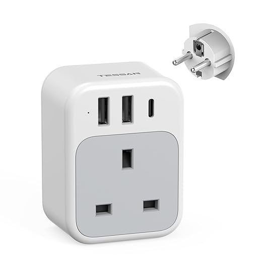 UK to European Schuko Travel Adapter with 2 USB Ports, Grounded EU Euro Europe Power Plug Adapter for Germany France Iceland Poland Spain Russia and More (Type E/F)