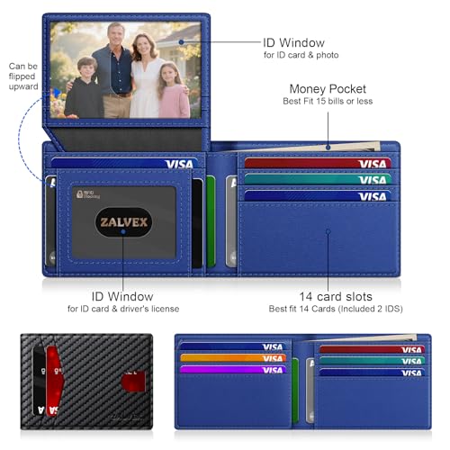 Image of Wallet for Men Slim RFID Blocking Leather Credit Card Holder Wallet for 14 Cards, Bifold Minimalist Thin Wallet with 2 ID Windows & Cash Slot, Front Pockt Carteras Para Hombres, Birthday Gifts for Men