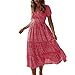 Produktbild KIMODO Damen Kleider V Ausschnitt Punkte Gänseblümchen Gedruckt Sommerkleid Rüschen Kurzarm Puffärmel Plissee Minikleid Strandkleid (Rot, M)