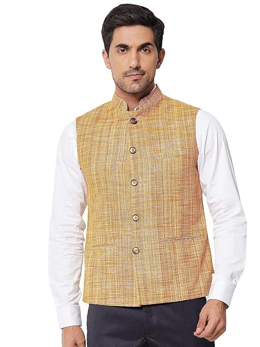 Image of Vastraa Fusion Mens Handloom Small Check Cotton Nehru Jacket - (Brown)