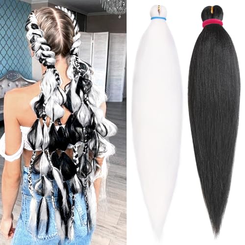 Leeven black and White Braiding Hair Pre Stretched Ombre Jumbo Braiding Hair Extensions 26 Inch High Temperature Synthetic Fiber Hair Extension for Box