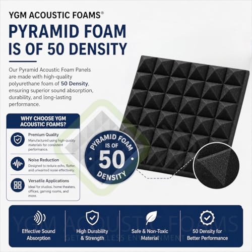 Image of YGM Acoustic Foams Pyramid Acoustic Panels 1 Footx1 Footx2inch Thick, 50 Density Acoustical Sound Proof Foam for Room, Studio, Echo Reduction & Noise Absorption (Black & Red, Set of 108)