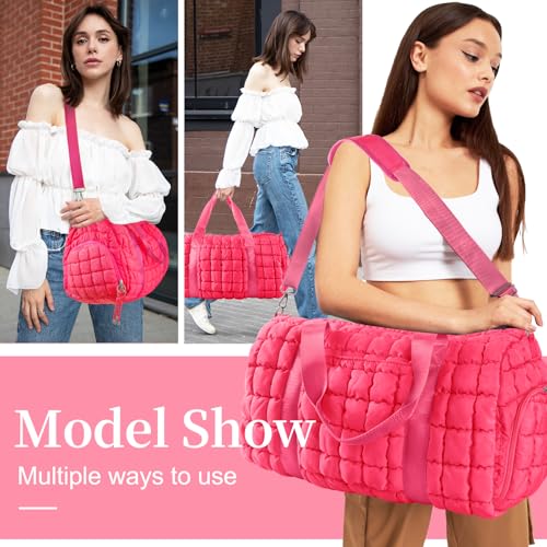Image of Quilted Travel Duffle Bag Gym Bag for Women,Large Puffer Duffle Weekender Bag with Compartment,Workout Overnight Carry on Organizer Bag Duffle Bag for Airplane Travel(L-Rosered)