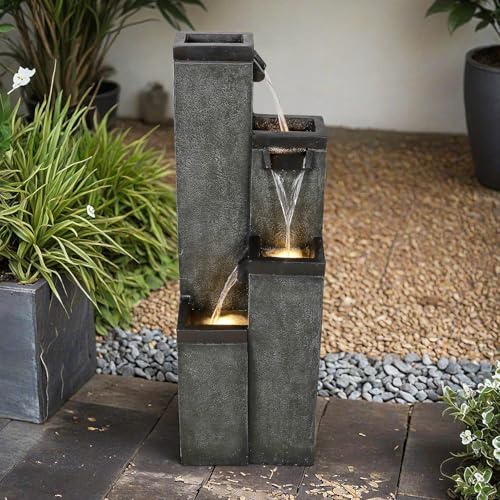 Image of SunJet 4-Tier Modern Water Fountain, Indoor /Outdoor Resin Water Fountains with Soothing Water Sounds, Perfect for Garden, Patio, Home & Office, 12.5 inch L x 9.4 inch W x 39.3 inch H
