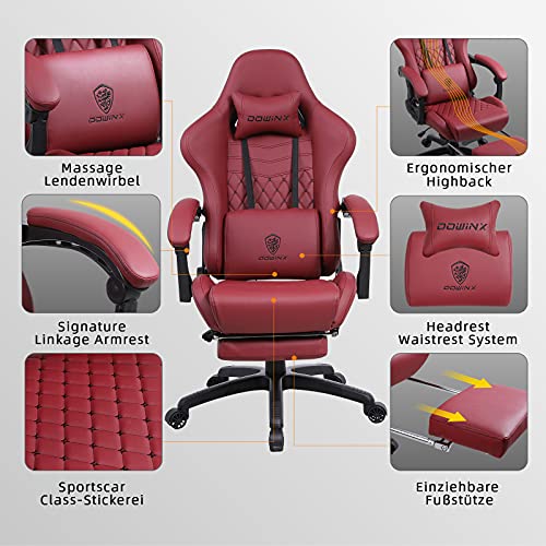 Dowinx-Silla-de-oficina-para-gaming-silla-ergonomica-de-PC-con-masaje-lumbar-estilo-racing-piel-sintetica-respaldo-alto-sillon-giratorio-ajustable-con-reposapies-color-rojo-vino