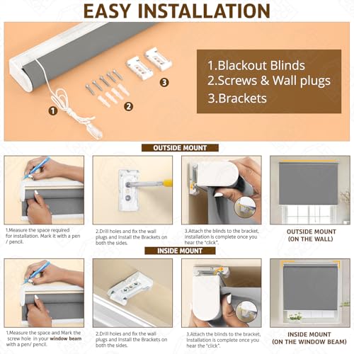 Image of ABOUT SPACE Window Blinds - 7 x 3 ft Cordless Blackout Roller Blinds for Privacy, UV Protection | 100% Blackout Roll Up Curtain Window Shades for Home, Office, Living Room, Bedroom- Dark Grey