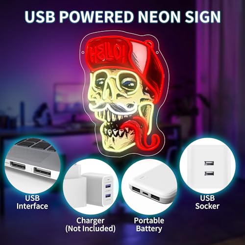Image of Skull Wearing Hello Hat LED Neon Sign USB Powered for Wall Decor, Horror Skull Tongue Neon Night Light Sign Dimmable for Boys Room Party Decor Halloween Birthday Gifts