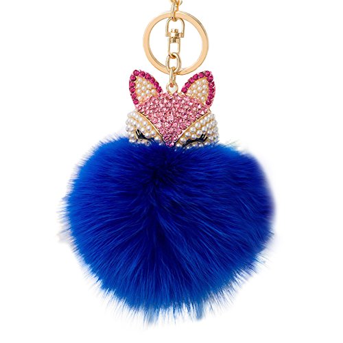 Real Fox Fur Ball with Artificial Fox Head Inlay Pearl Rhinestone Key Chain for Womens Bag or Cellphone or Car Pendant (06)