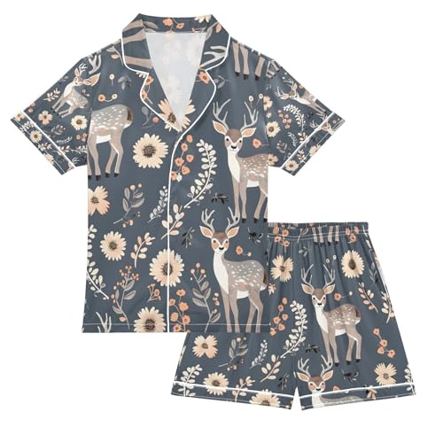 senya Deer with Flowers A Satin Summer Pajama Sets Silk Short Sleeve Button Down Sleepwear