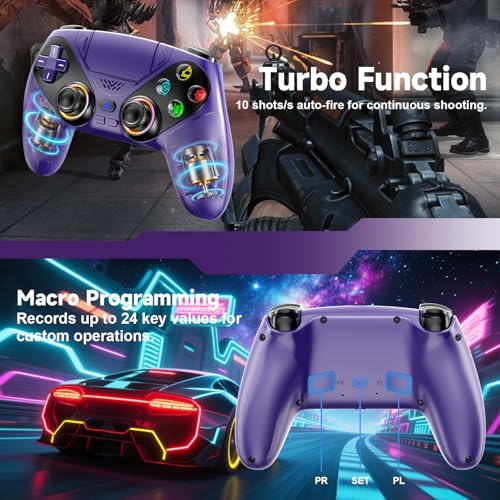 Image of Gamrombo LED Wireless Controller for PS5, Compatible with PS5 Pro /Slim /PC, n, 3.5mm Audio Jack, 6-Axis Motion Control Gamepad with Speaker, Dual Vibration, Macro /Turbo Functio (Purple)