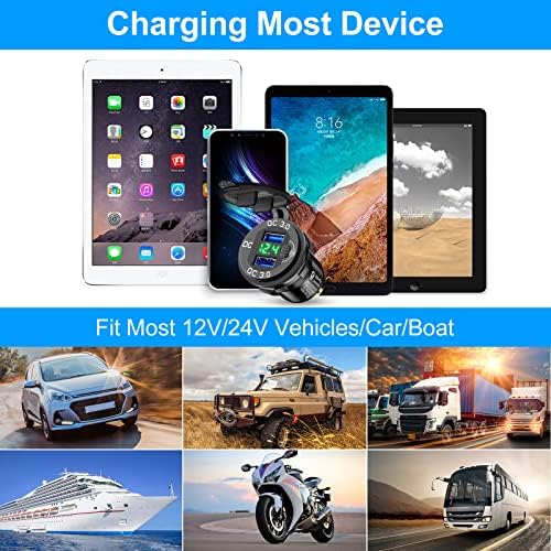 2Pcs USB Car Charger Socket 12V, 36W Quick Charge 3.0 Dual USB Charger Power Outlet Panel Fast Charge Adapter with Switch LED Voltmeter for Vehicles Boat Motorcycle SUV RV Truck Caravan, Green