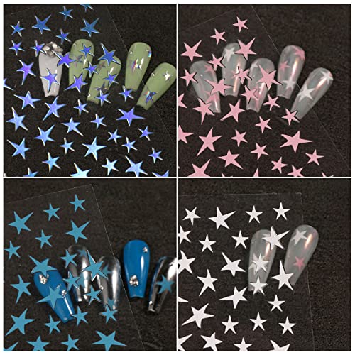 6 Sheets Metallic Nail Art Stickers, Star Nail Sticker 3D Self-Adhesive Nail Decals Laser Gold Silver White Blue Pink Nail Design Stars Nail Art Supplies For Women Diy Manicure Decoration Accessories #TOP3