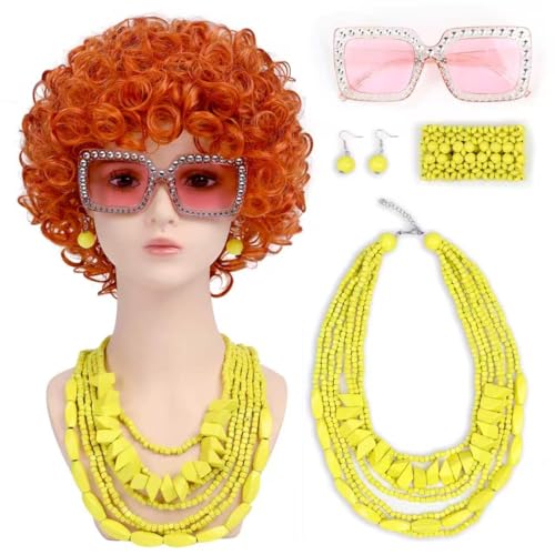 Image of Women Roper Curly Orange Red Cosplay Wig with Necklace Earrings and Sunglasses for Women Hallween Costume Wig
