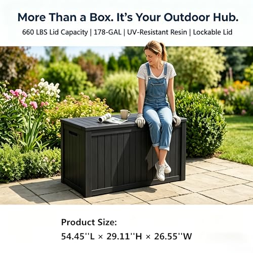 Image of 178 Gallon Resin Deck Box with Gas Lift Support - Outdoor Storage for Patio Furniture, Garden Tools & BBQ Accessories - Weatherproof Wood Grain Design with 660 Lbs Bench Seat (Lockable Lid)