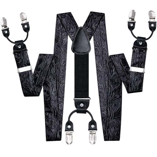 Image of Hi-Tie Men's Suspenders and Tie Set Silk Adjustable Elastic Y Braces with Strong 6 Clips Pocket Square Set
