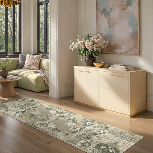 GENIMO Floral Runner Rug 2X6, Machine Washable Non Slip Vintage Patchwork Hallway Runner, Ultra-Thin Low Pile Runners for Indoor Entryway, Hallway, Kitchen and Corridor, Taupe Gray