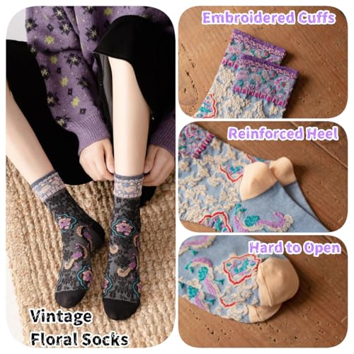 Cute Floral Socks for Women,Teen Girls Vintage Embroidered Frilly Floral Cotton Ankle Sock4