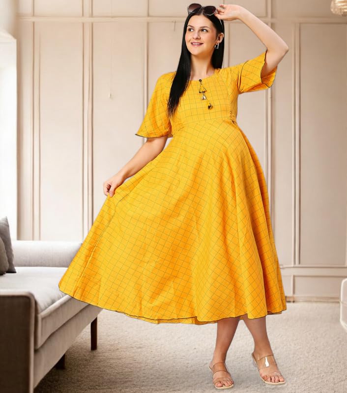 Image of DUMMY SHAPE Feeding Nighty | Maternity Dresses for Women Cotton Blend | Floral Pink Anarkali Kurta with Dual Nursing Zippers for Pregnancy & Breastfeeding | Gifts for Pregnant Women (