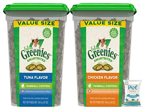 Greenies (2 Tubs) Feline SMARTBITES Hairball Control Tuna and Chicken Flavor 16oz and 10ct Pet Faves Pet Wipes