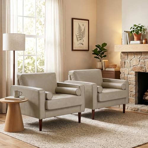 Image of Faux Leahter Accent Chairs Stet of 2, Comfy Upholstered Armchairs for Living Room, Modern Bedroom Reading Seat with 2 Bolster Pillows, Cream
