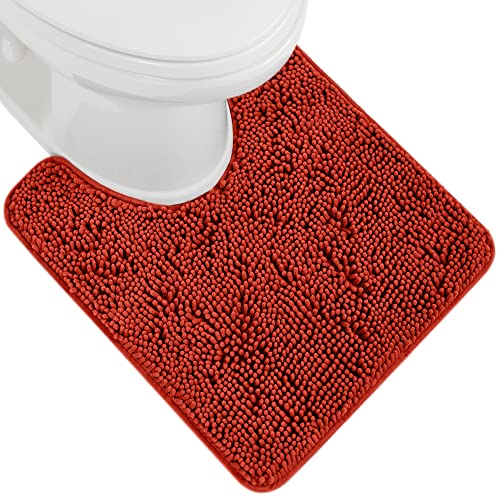 Image of GORILLA GRIP Plush Absorbent Shaggy Chenille Bath Rug Mat for Oval Toilet Base with Rubber Backing, Machine Washable Rugs, Soft Microfiber Contour Mats for Toilets, Bathroom Decor, Sunset Orange