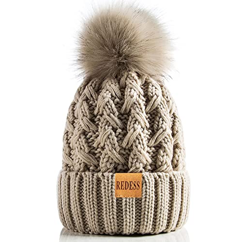 REDESS Women Winter Pompom Beanie Hat Fleece Lined Warm Hats, Thick Slouchy Snow Knit Crossed Cap for Ladies