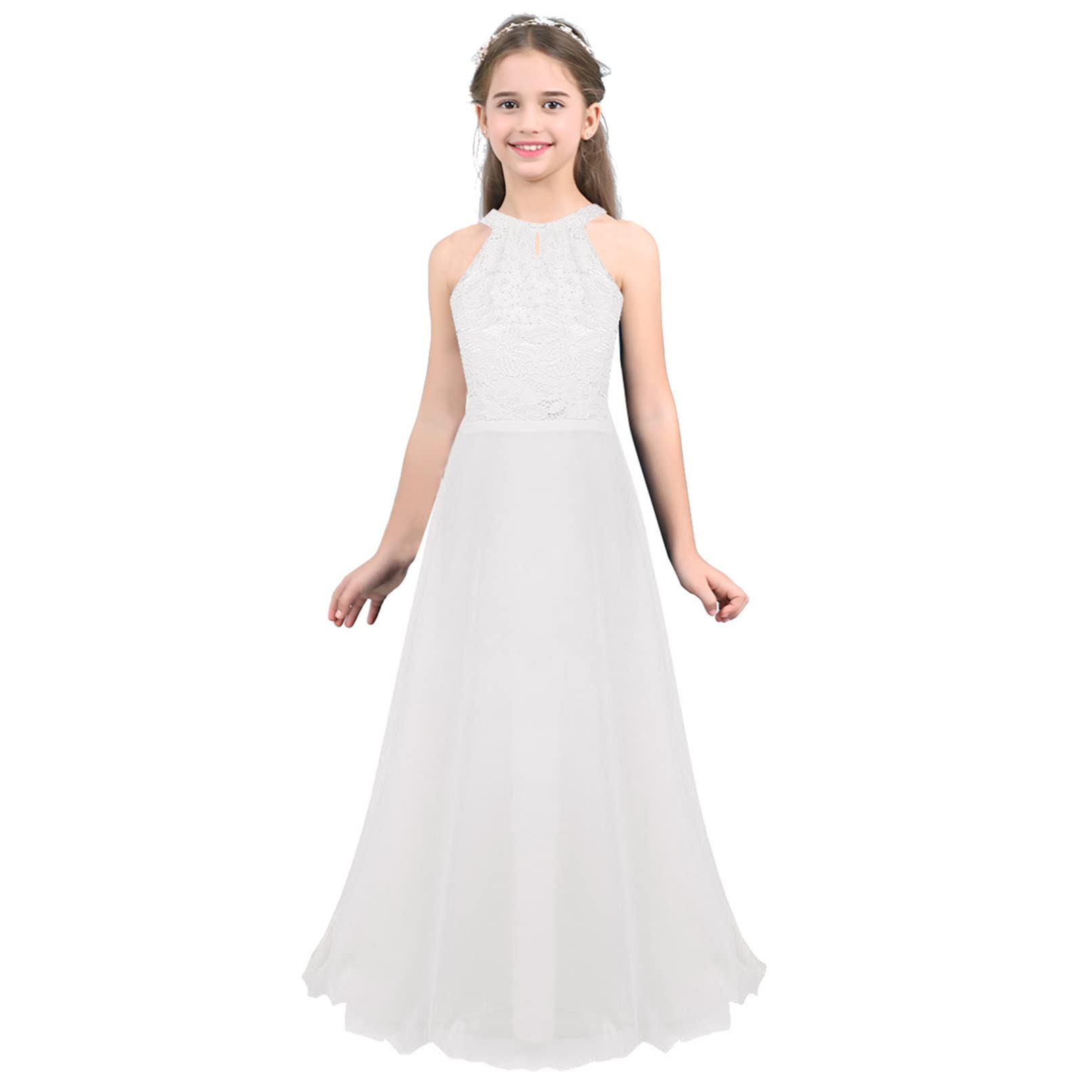 TiaoBug Vestido Largo Niñas de Fiesta Boda Ceremonia Vestido Verano de Encaje Flores Elegante Infñantil Damas de Honor 4-14 Años