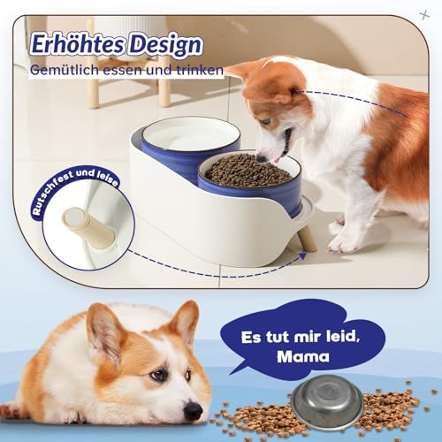 Hunde Napfset Hundenapf Set Erhöht - Doppelnapf Keramik mit Spritzschutz Ständer - Bunte Spirals Hundenäpfe für Futter und Wasser - Ideal für Kleine bis Mittelgroße Hunde - 2 x 800 ml - Blau