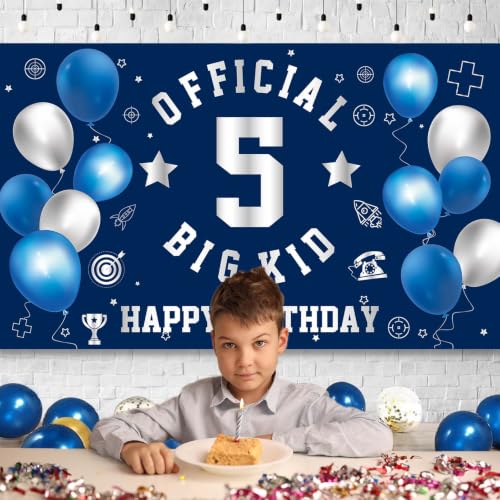 Image of Happy 5th Birthday Banner Backdrop 5th Birthday Decorations for Boys | Large Official Big Kid 5 Year Old Backdrop Fifth HBD Party Decorations Supplies, Navy Blue Silver