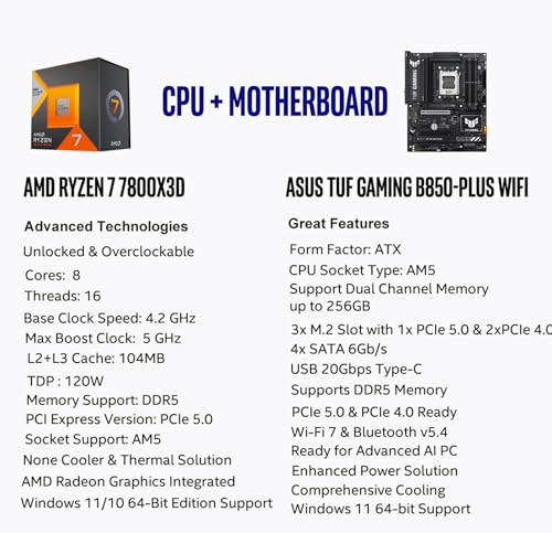 Image of MICRO CENTER AMD Ryzen 7 7800X3D CPU Processor with ASUS TUF Gaming B850-PLUS WiFi AM5 ATX Motherboard (DDR5, PCIe 5.0, 3X M.2, Wi-Fi 7, USB 20Gbps Type-C)