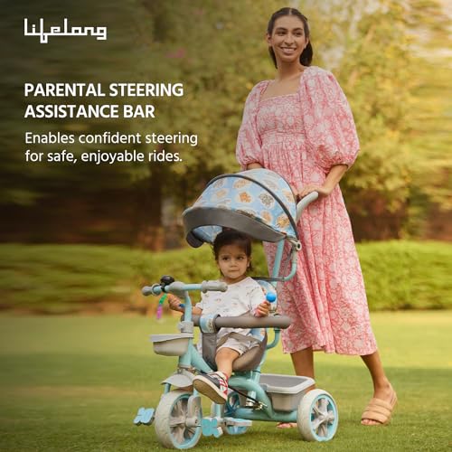 Image of Lifelong Kids Parental Control Tricycle with Canopy,Harness,EVA Wheels, Bell & Storage Basket|Baby Trike|Age Group 1 Years to 4 Years Carrying Capacity Upto 25 kg (Blue /Grey)